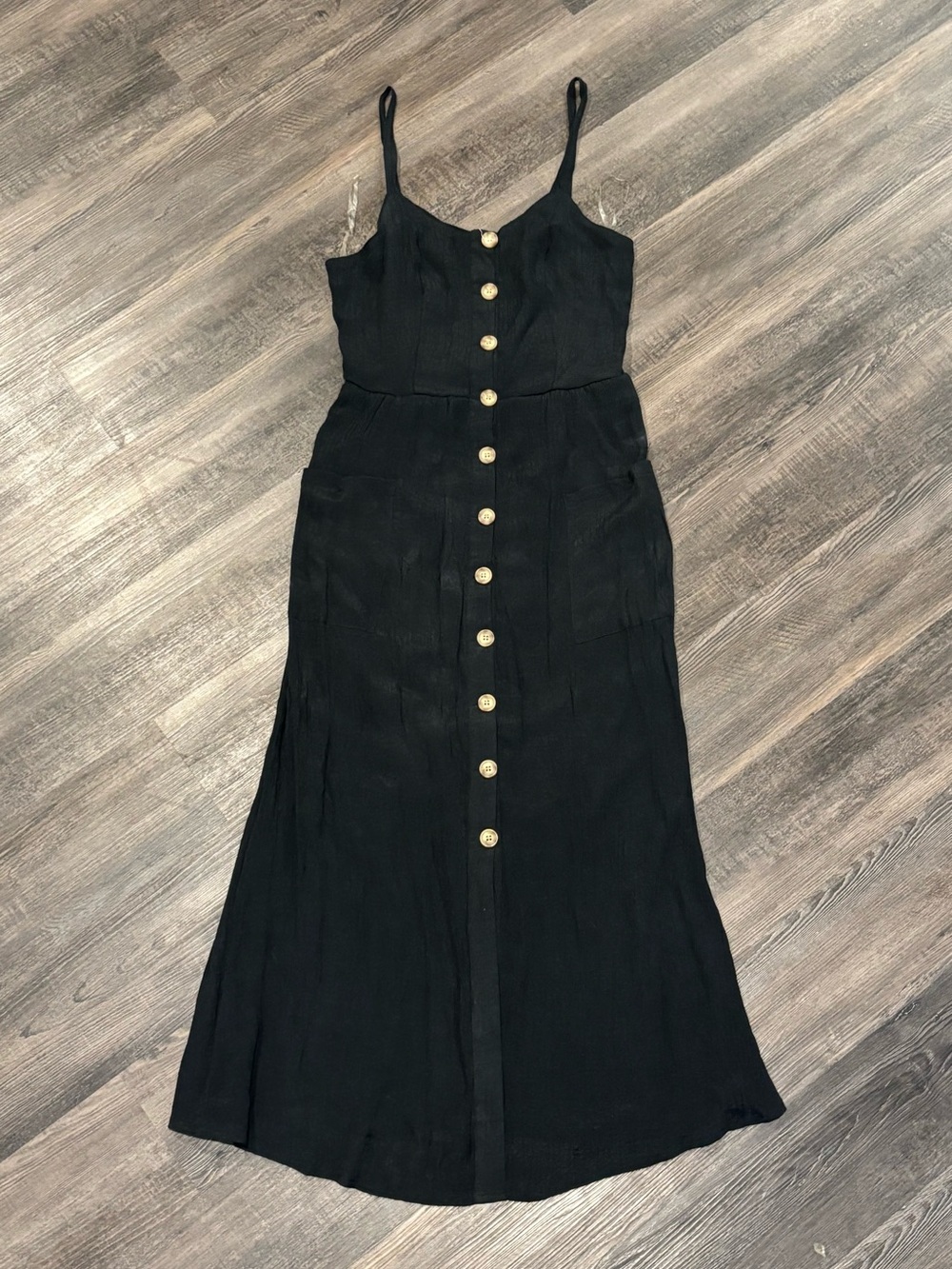 Black Button-Front Midi Dress with Spaghetti Straps